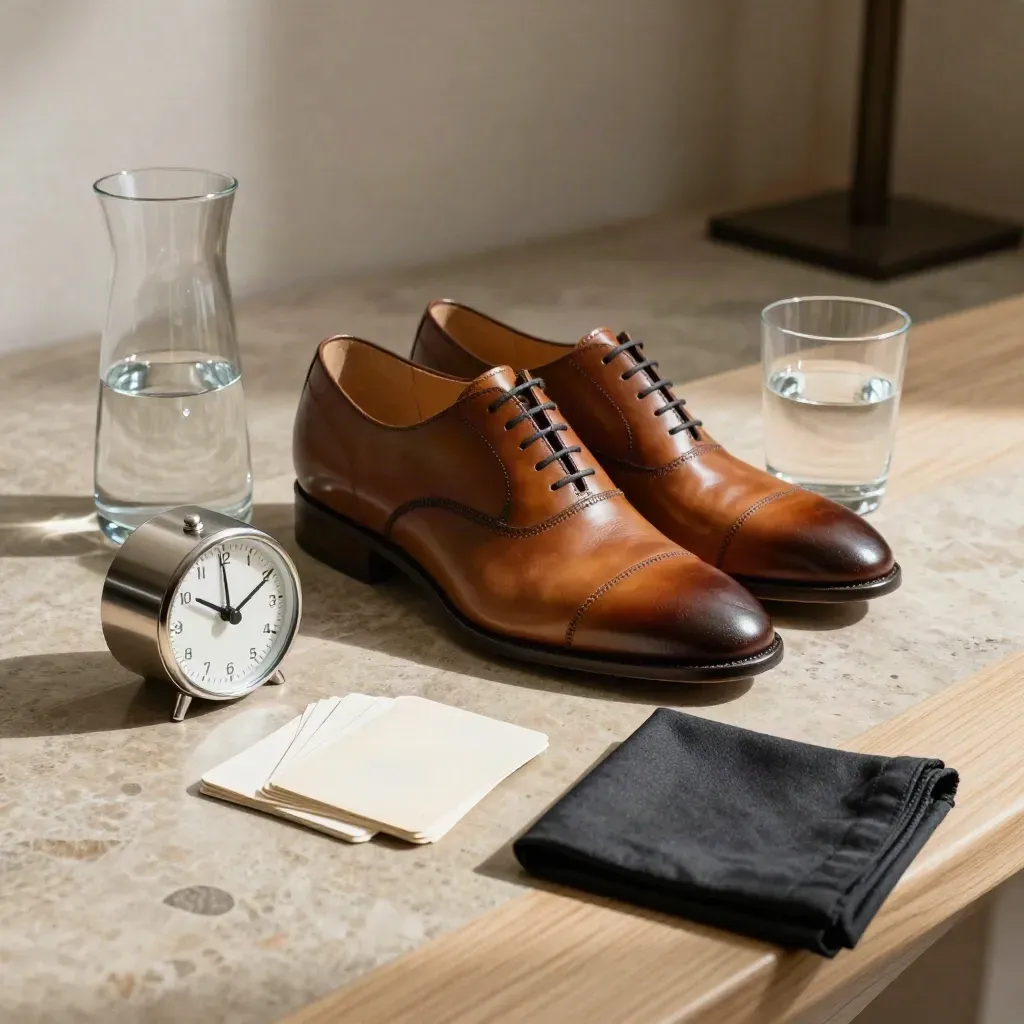 Interviewtrainings-Setup mit Schuhen, Karten, Timer und Wasserkaraffe im hellen Raum.